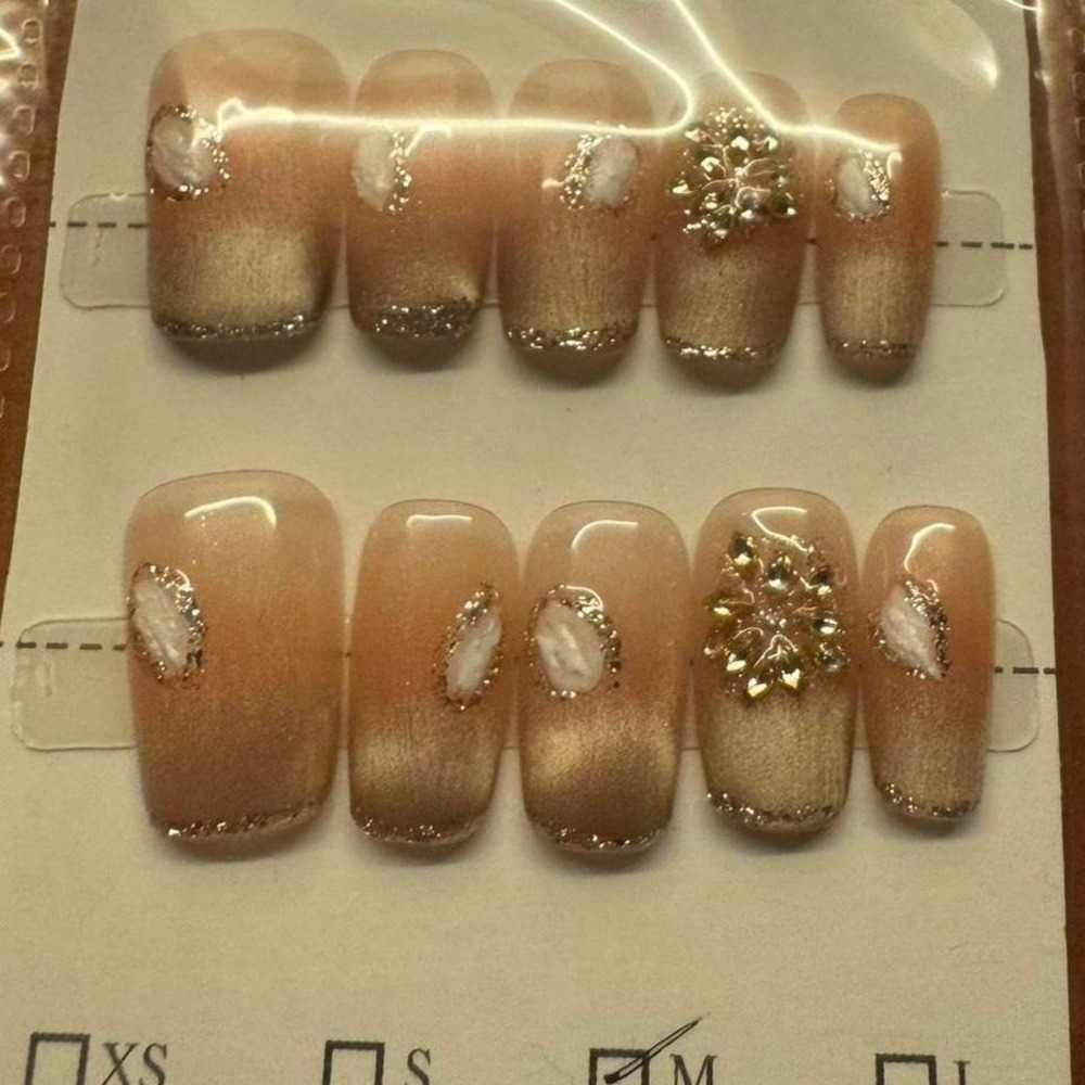 Press On Nails Peach Gold Ombre Snowflake Gem‎ Bling Fake Nails